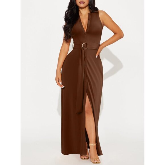 Women's Sleeveless V Neck Maxi Dress High Split Party Cocktail Elegant - Picture 4 of 5